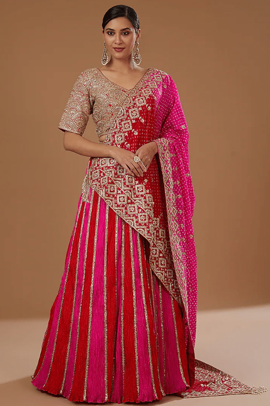 Red & Pink Tissue Chanderi Lehenga Set