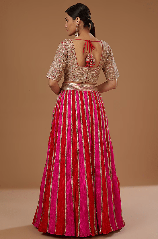 Red & Pink Tissue Chanderi Lehenga Set - Image 2