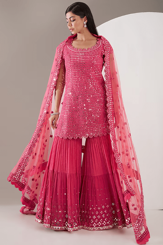 Hot Pink Chiffon Hand Embroidered Sharara Set