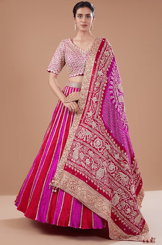 Red & Pink Crushed Lehenga Set