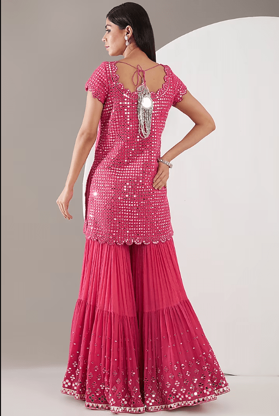 Hot Pink Chiffon Hand Embroidered Sharara Set - Image 2