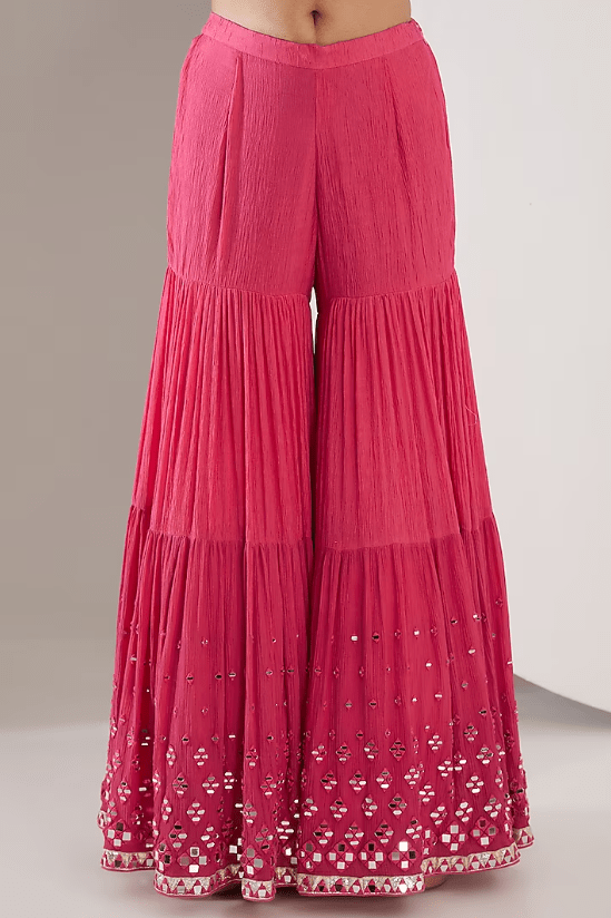 Hot Pink Chiffon Hand Embroidered Sharara Set - Image 3