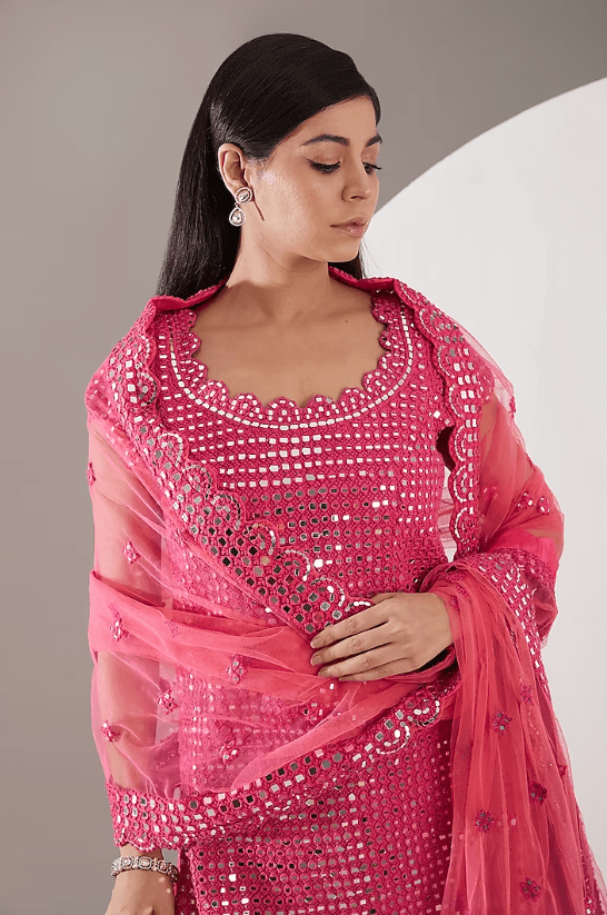 Hot Pink Chiffon Hand Embroidered Sharara Set - Image 4