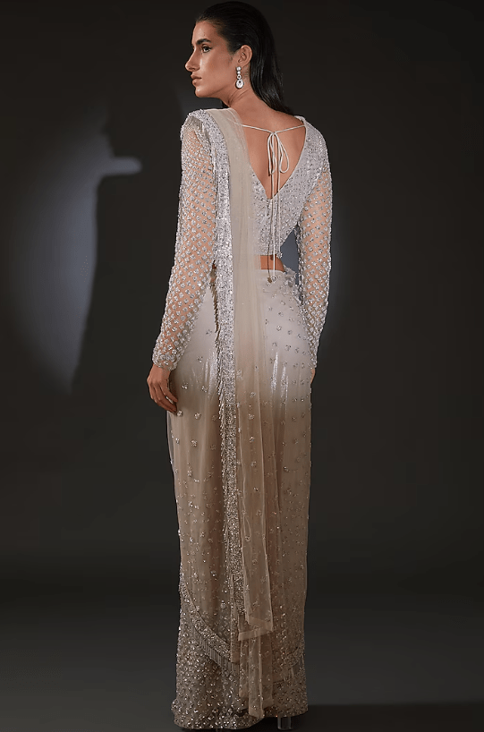 Silver Tulle Embroidered Draped Saree Set - Image 2