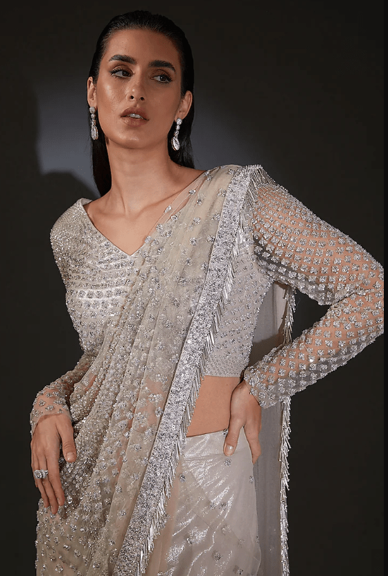 Silver Tulle Embroidered Draped Saree Set - Image 4