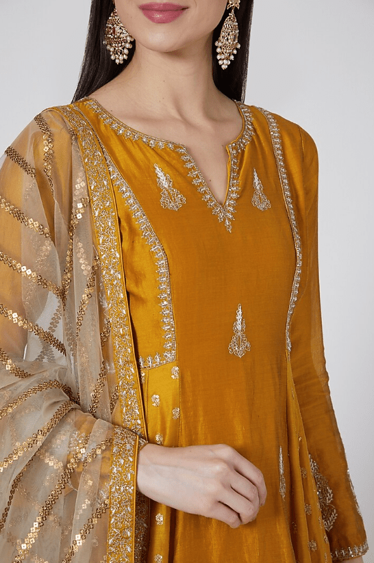 Mustard Chanderi Silk Aari Embroidered Lehenga Set - Image 4