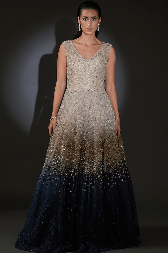 Mist & Galaxy Blue Ombre Tulle Sequins Embroidered Gown