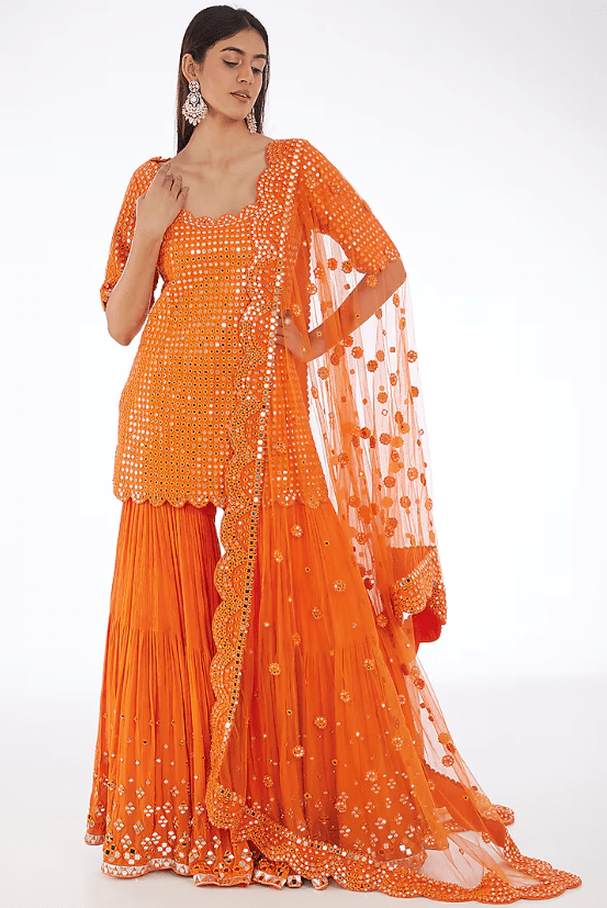 Orange Raw Silk & Chiffon Mirror Embroidered Sharara Set