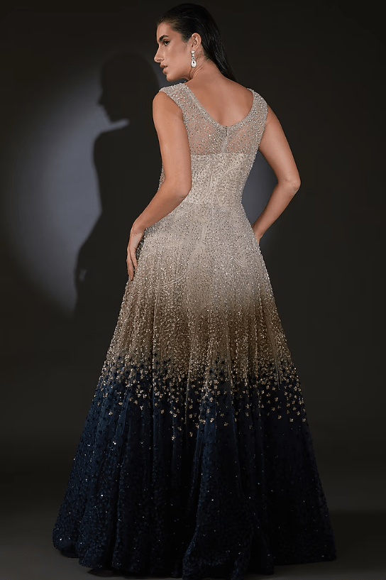 Mist & Galaxy Blue Ombre Tulle Sequins Embroidered Gown - Image 2