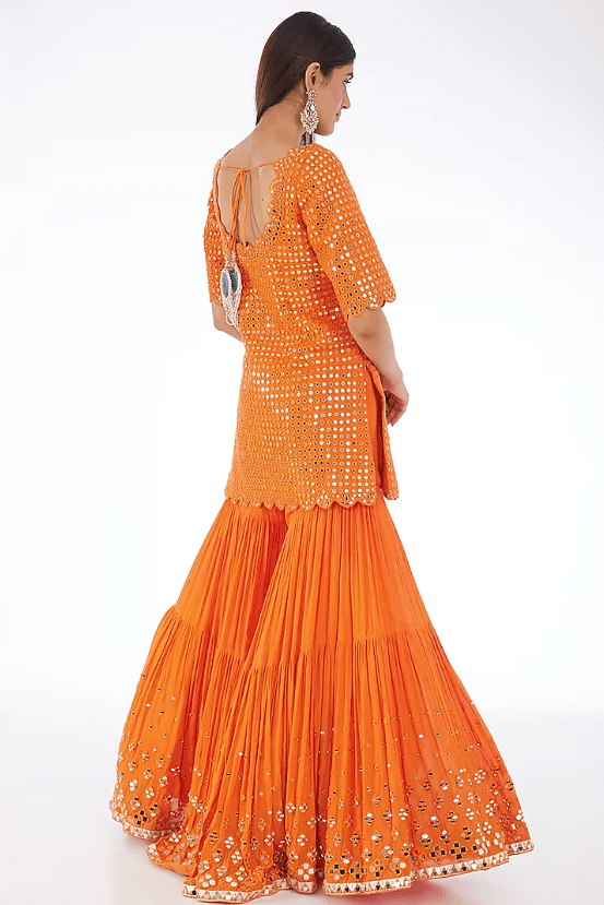 Orange Raw Silk & Chiffon Mirror Embroidered Sharara Set - Image 2
