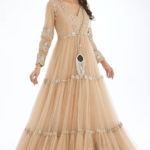 Beige Net Mirror Embroidered Jacket Anarkali