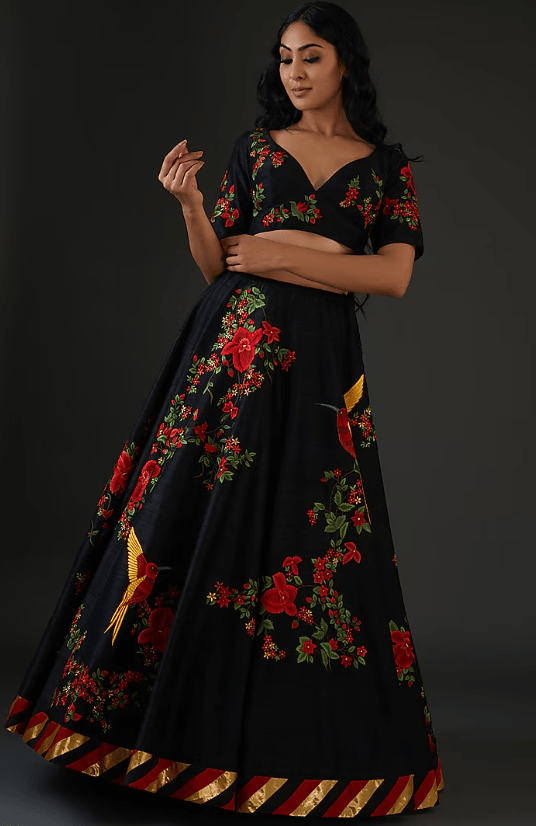 Black Chanderi Silk Embroidered Lehenga Set - Image 3