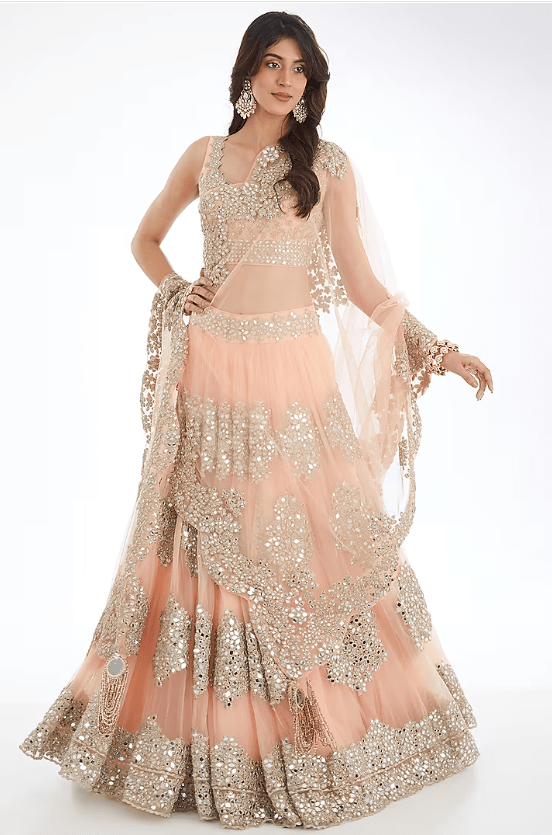 Peach Organza Mirror Embroidered Lehenga Set