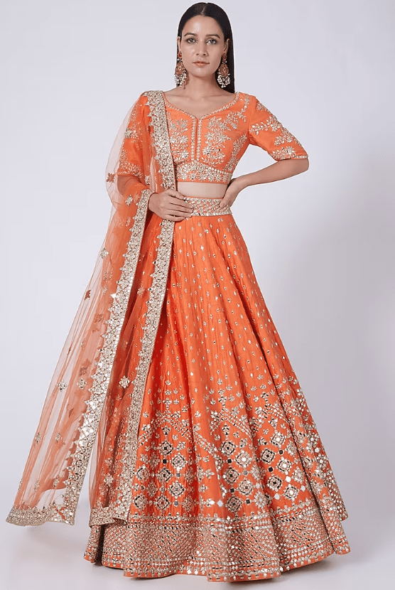 Orange Mirror Embellished Lehenga Set