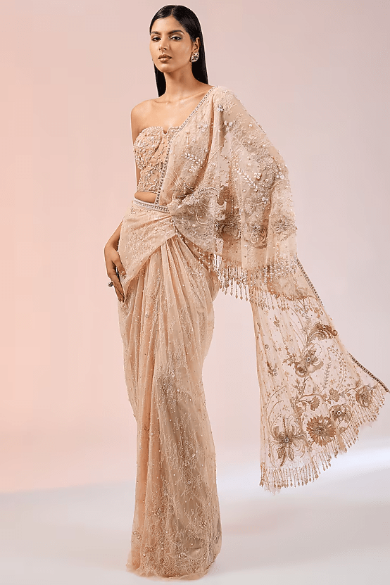 English Rose Tulle & Chantilly Lace Pre-Draped Saree Set
