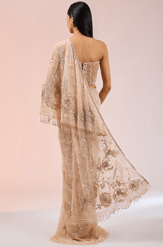 English Rose Tulle & Chantilly Lace Pre-Draped Saree Set - Image 2
