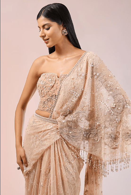 English Rose Tulle & Chantilly Lace Pre-Draped Saree Set - Image 4