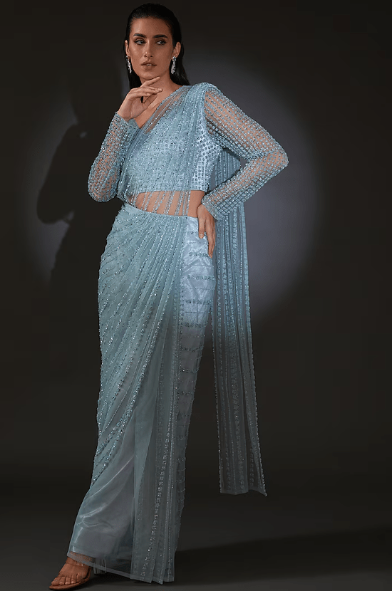 Mineral Blue Tulle Embroidered Draped Saree Set
