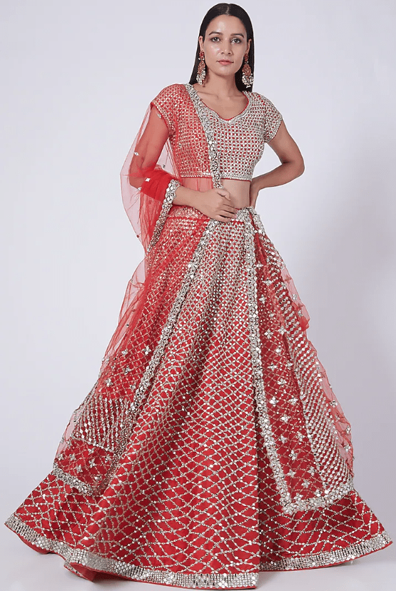 Red Mirror Embellished Lehenga Set