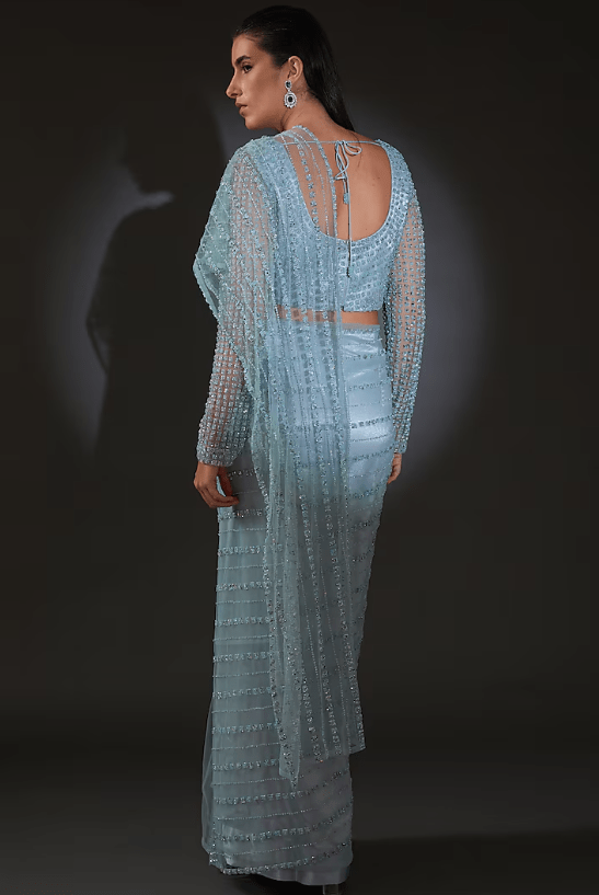 Mineral Blue Tulle Embroidered Draped Saree Set - Image 2