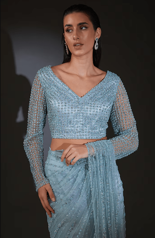 Mineral Blue Tulle Embroidered Draped Saree Set - Image 3