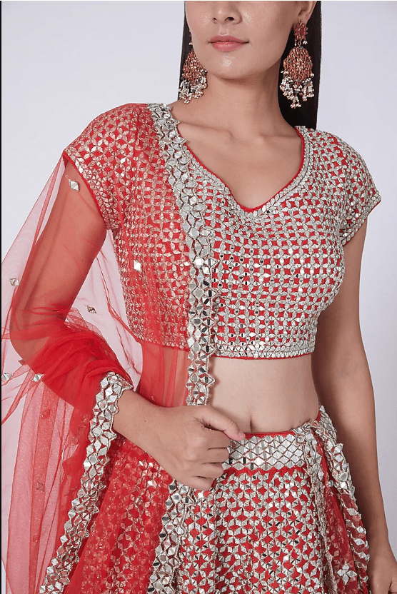 Red Mirror Embellished Lehenga Set - Image 4