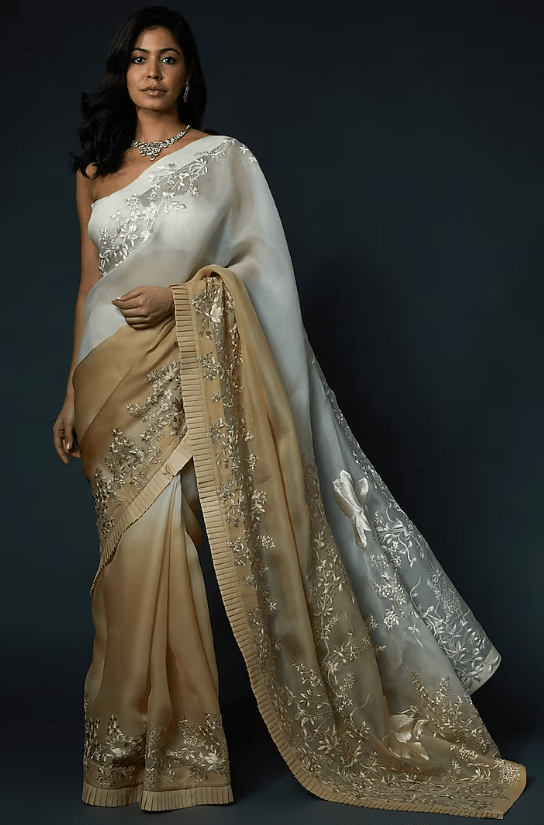 Ivory & Beige Organza Hand Embroidered Saree Set