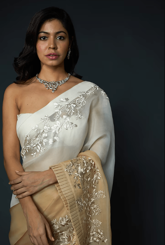 Ivory & Beige Organza Hand Embroidered Saree Set - Image 2