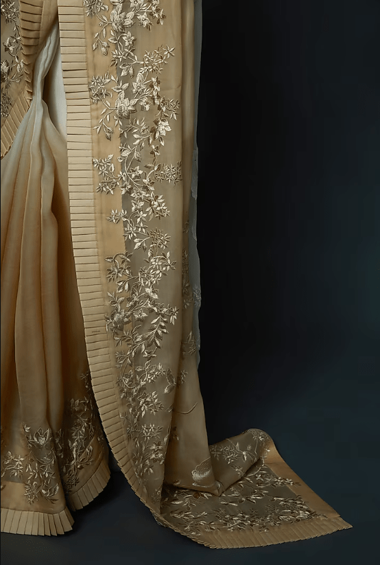Ivory & Beige Organza Hand Embroidered Saree Set - Image 3