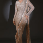 Mist Poly Georgette Draped Saree With Metallic Fringes