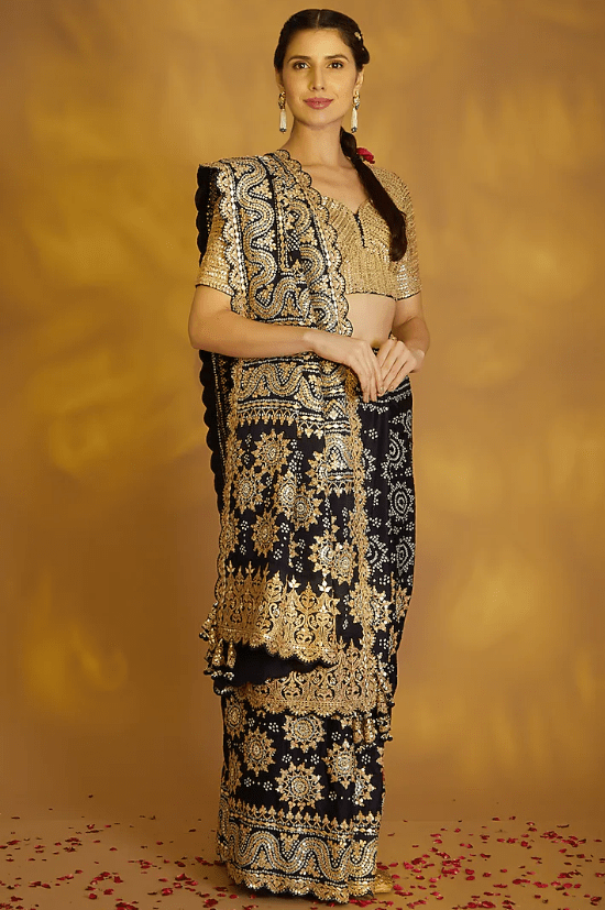Black Embroidered Bandhej Saree Set