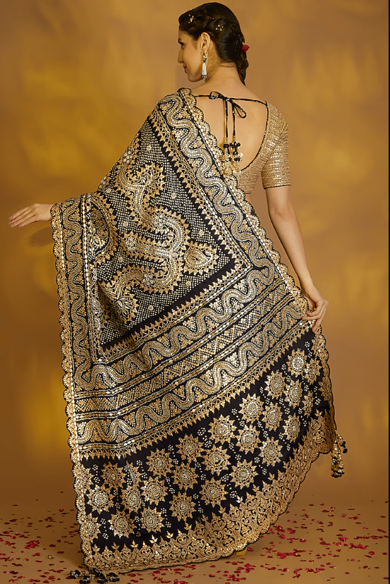 Black Embroidered Bandhej Saree Set - Image 2