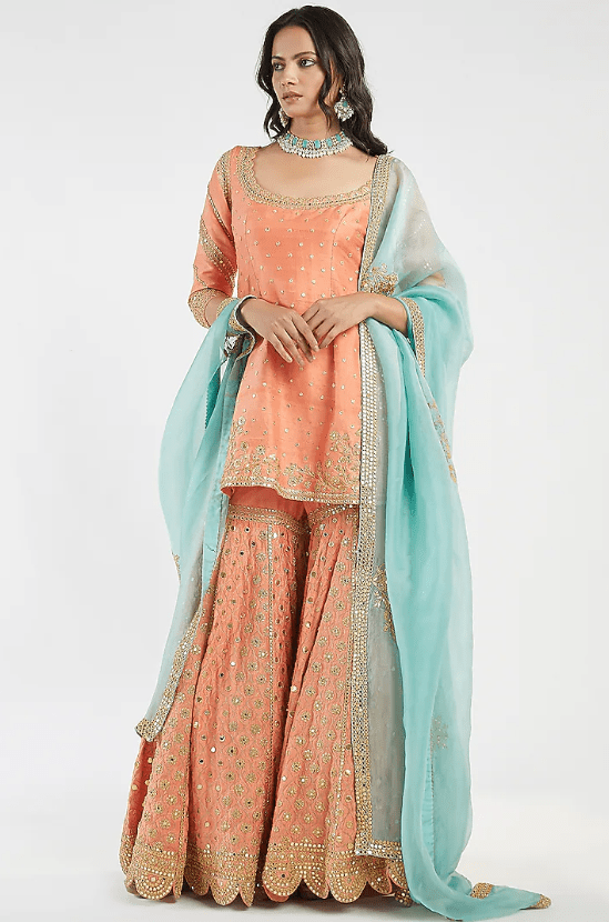 Orange & Blue Hand Embroidered Sharara Set