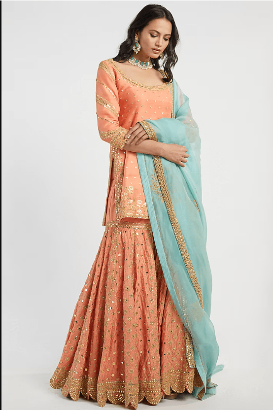 Orange & Blue Hand Embroidered Sharara Set - Image 2