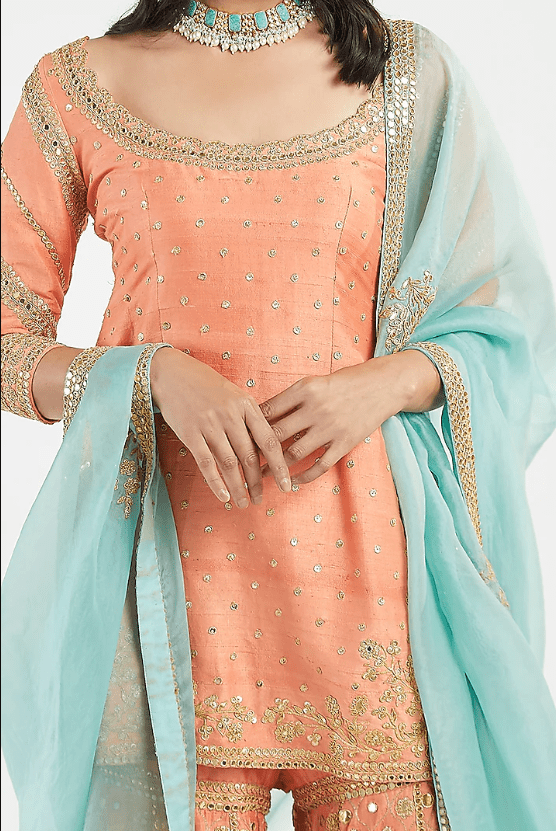 Orange & Blue Hand Embroidered Sharara Set - Image 3