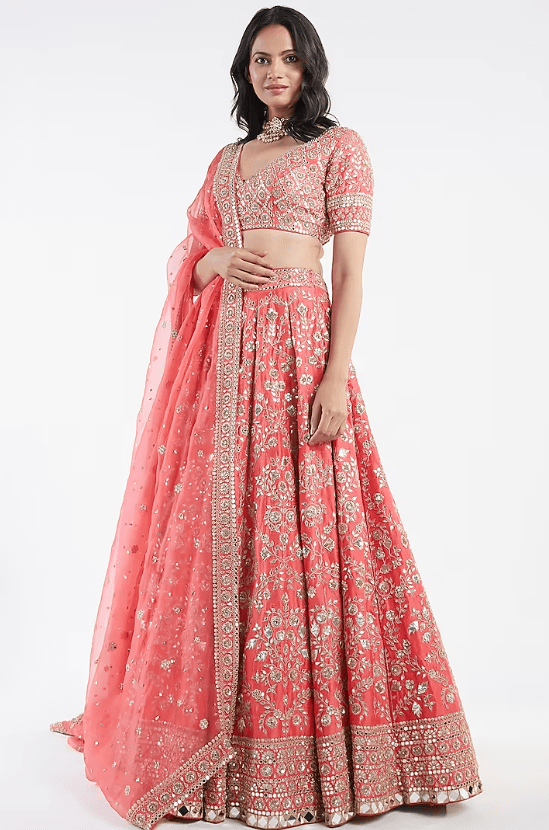Red Mirror Hand Embroidered Lehenga Set