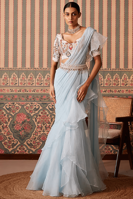 Powder Blue Chiffon & Organza Ruffled Pre-Draped Saree Set