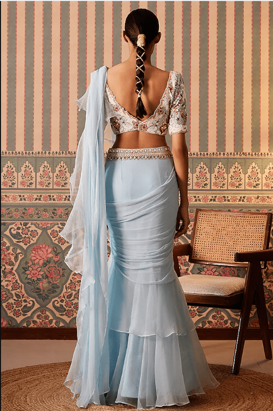 Powder Blue Chiffon & Organza Ruffled Pre-Draped Saree Set - Image 2