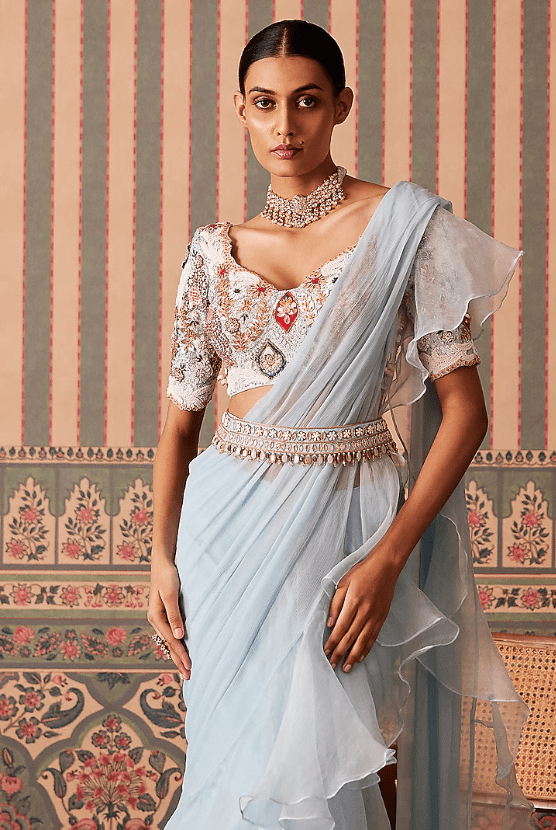 Powder Blue Chiffon & Organza Ruffled Pre-Draped Saree Set - Image 3