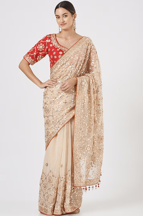 Nude Embroidered Saree Set