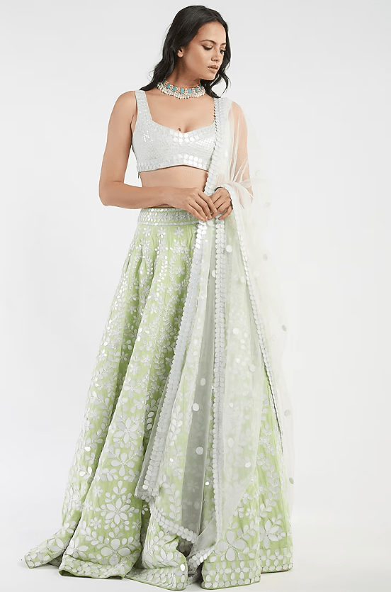 Mint Hand Embroidered Lehenga Set