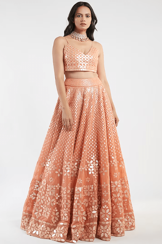 Orange Mirror Hand Embroidered Lehenga Set