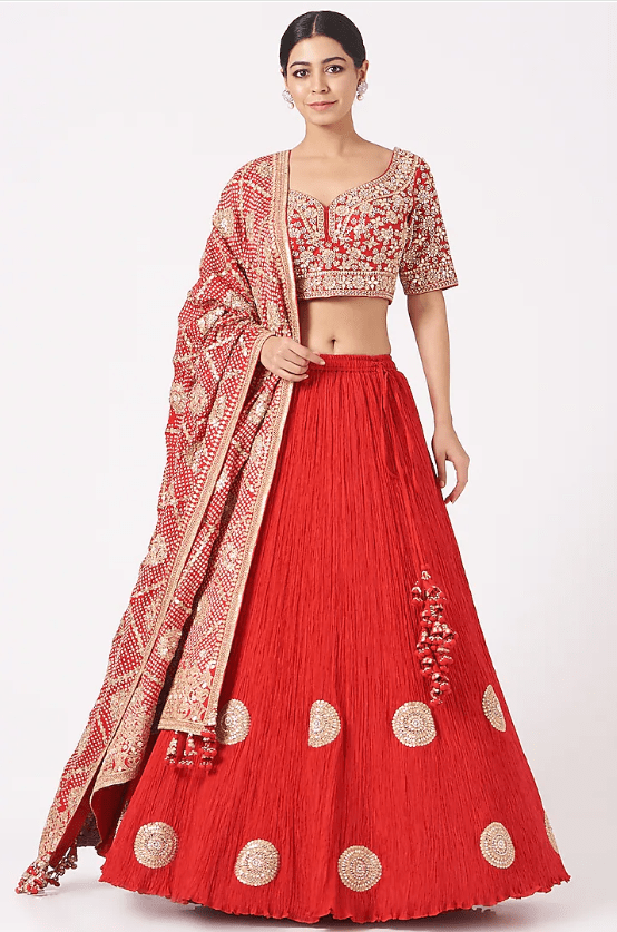Cherry Red Lehenga Set In Crushed Silk