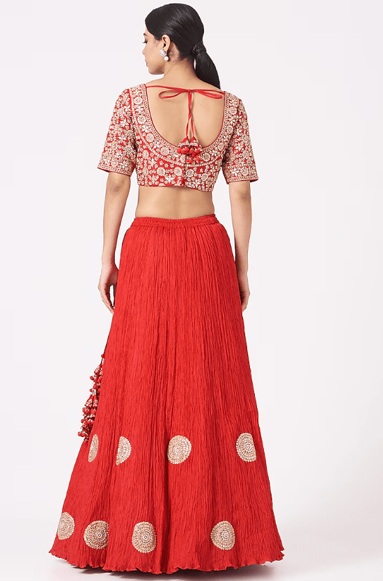 Cherry Red Lehenga Set In Crushed Silk - Image 2