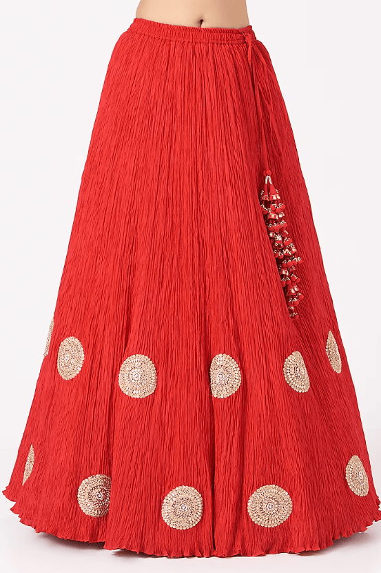 Cherry Red Lehenga Set In Crushed Silk - Image 3