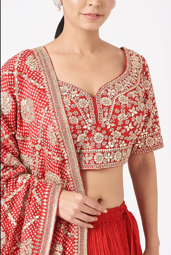 Cherry Red Lehenga Set In Crushed Silk - Image 4