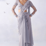 Silver Metallic Georgette Mirror Embroidered Pre-Draped Saree Set