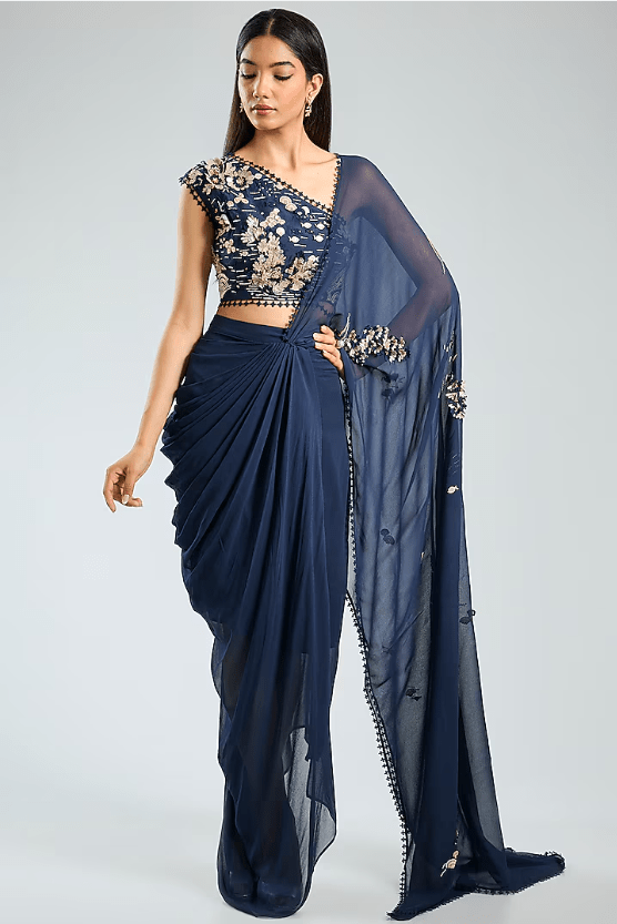 Blue Georgette Hand Embroidered Pre-Draped Saree Set