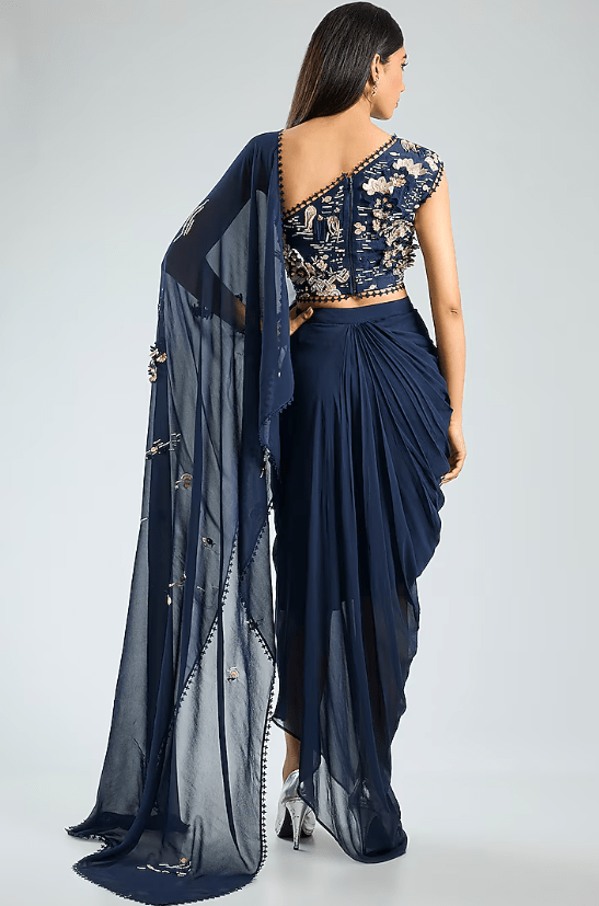 Blue Georgette Hand Embroidered Pre-Draped Saree Set - Image 2