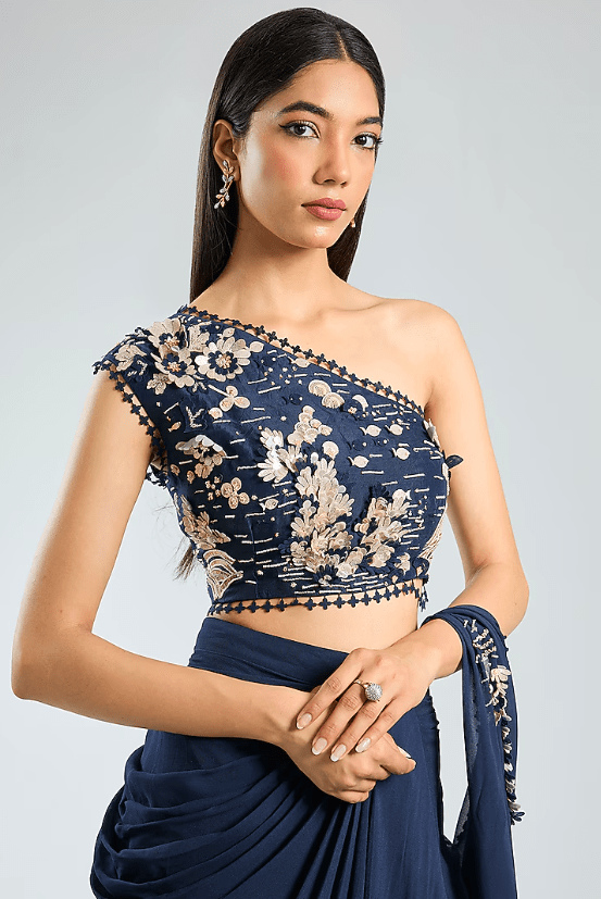 Blue Georgette Hand Embroidered Pre-Draped Saree Set - Image 3